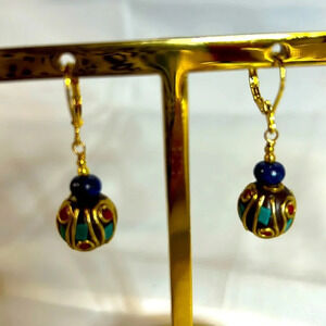 Gold/Green/Blue/Maroon Cloisenne Drop Earrings.  Hinged French Wire. NWT